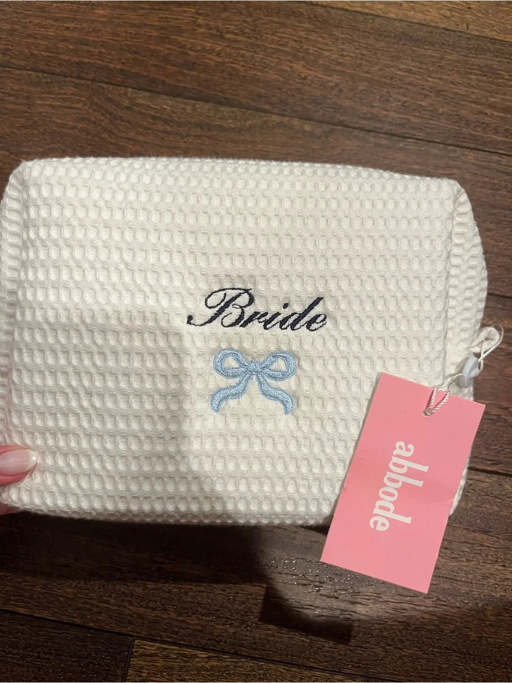 Abbode white 'Bride' Waffle Cosmetic Pouch with Light Blue Bow
